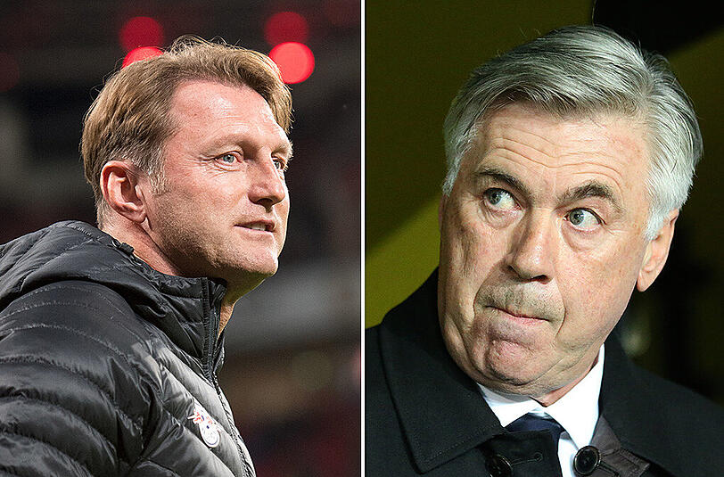 Leipzigs Trainer Ralph Hasenhüttl und Bayern-Coach Carlo Ancelotti (rechts).