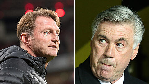 Leipzigs Trainer Ralph Hasenhüttl und Bayern-Coach Carlo Ancelotti (rechts).