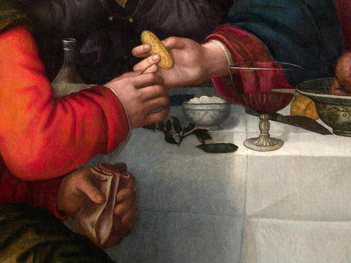 "Das letzte Abendmahl" von Plautilla Nelli (Ausschnitt): Jesus gibt Judas ein Stück Brot.