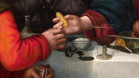 "Das letzte Abendmahl" von Plautilla Nelli (Ausschnitt): Jesus gibt Judas ein Stück Brot.