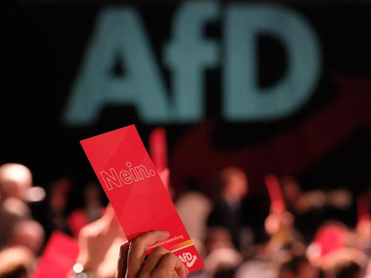 Delegierte halten Karten mit der Aufschrift "Nein" hoch. Foto: Sebastian Willnow