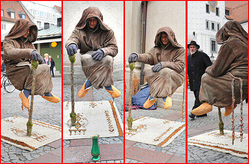 Wie in einem Star-Wars-Film scheint dieser Mönch vor der Heilig-Geist-Kirche einfach zu schweben. In der Hand hält er lediglich einen Wanderstab..