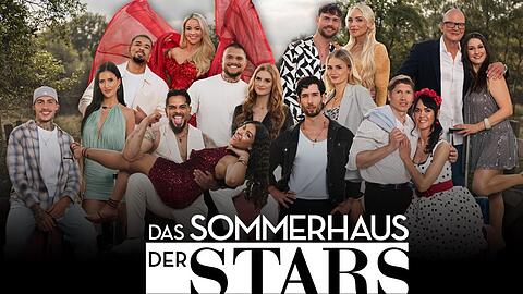 "Das Sommerhaus der Stars" mit (v.l.u) Sandro und Michelle, Alex und Hati, Ferry und Kathy, Giovanni und Vanessa sowie (v.l.o.) Fabrice und Anita, Nico und Laura, Tano und Anna, Michael und Shelly.
