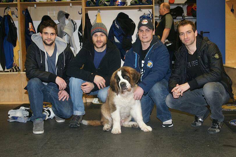Seppi, der Kabinenhund des EHC, mit Herrchen und Teammanager Neville Rautert (2.v.r.) und den EHC-Stars Jakob Goll, Blake Sloan, und Lubor Dibelka (v.l.).