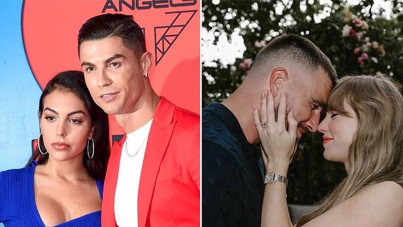 Planen zu heiraten: Christiano Ronaldo und seine Verlobte Georgina Rodriguez (l.) sowie Taylor Swift mit ihrem Verlobten Travis Kelce.