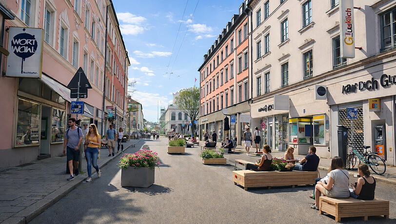 Eine Idee der Fraktion, wie die Reichenbachstra&szlig;e k&uuml;nftig aussehen k&ouml;nnte. Die Visualisierung zeigt einen Sommertag am Wochenende, an dem die Stra&szlig;e zeitweise den Fu&szlig;g&auml;ngerinnen und Fu&szlig;g&auml;ngern geh&ouml;rt.