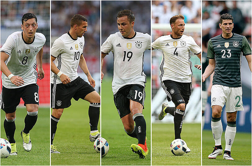 Die Weltmeister mit Erfahrung: Mesut Özil, Lukas Podolski, Mario Götze, Benedikt Höwedes und Mario Gomez (v.l.).