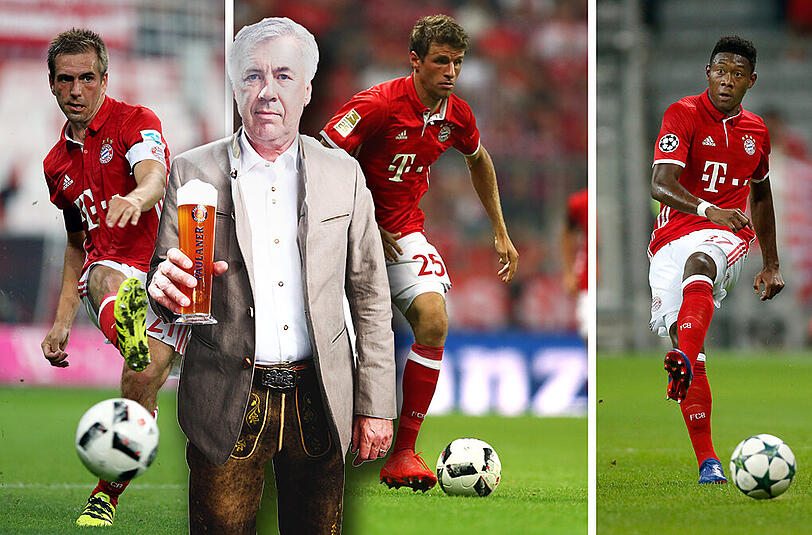 Carlo Ancelotti muss auf Patient 1-3 verzichten: Sowohl Philipp Lahm, als auch Thomas Müller und David Alaba (r.) leiden derzeit an einem Magen-Darm-Virus.