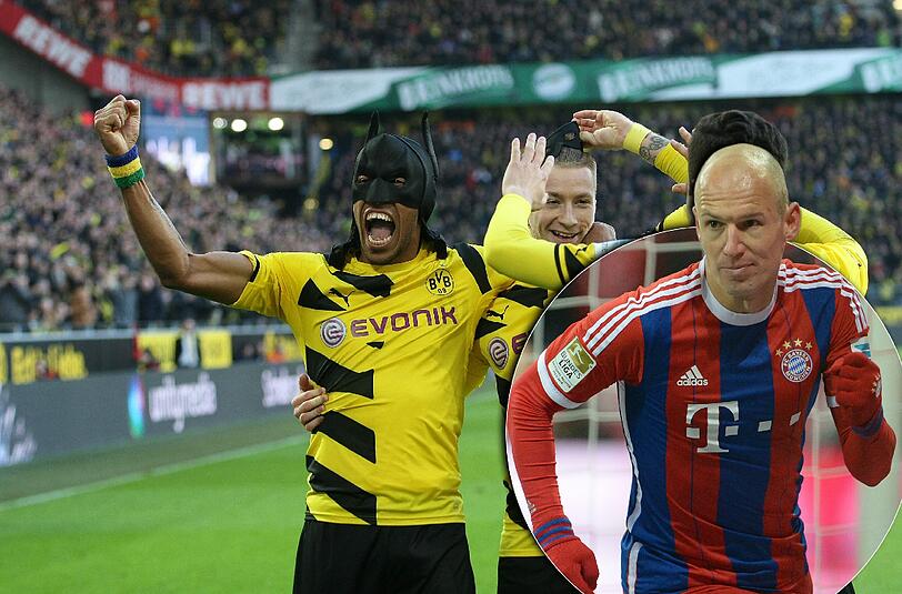 Batman und Robin! Pierre-Emerick Aubameyang (l.) und Marco Reus beim durchgeknallten Superhelden-Jubel. Rechts: Arjen Robben als Wutjubler beim 4:1-Sieg der Bayern über Köln.