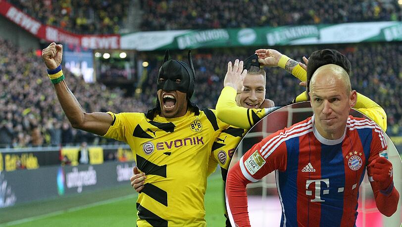 Batman und Robin! Pierre-Emerick Aubameyang (l.) und Marco Reus beim durchgeknallten Superhelden-Jubel. Rechts: Arjen Robben als Wutjubler beim 4:1-Sieg der Bayern über Köln. Batman und Robin! Pierre-Emerick Aubameyang (l.) und Marco Reus beim durchgeknallten Superhelden-Jubel. Rechts: Arjen Robben als Wutjubler beim 4:1-Sieg der Bayern über Köln.