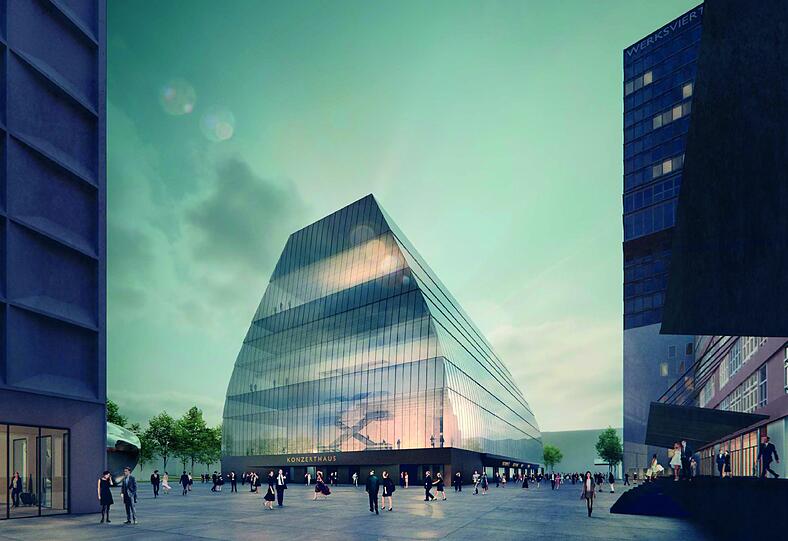 Eine &bdquo;banale Bürofassade&ldquo; oder das entscheidende Kriterium? Die transparente Außenhaut des geplanten Konzertsaals im Werksviertel in Entwurf der Bregenzer Architekten Cukrowicz Nachbaur, wie es nach dem Wettbewerb vorgestellt wurde.