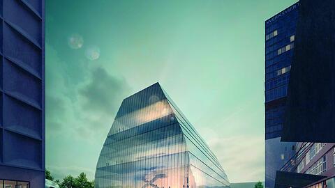 Eine &bdquo;banale Bürofassade&ldquo; oder das entscheidende Kriterium? Die transparente Außenhaut des geplanten Konzertsaals im Werksviertel in Entwurf der Bregenzer Architekten Cukrowicz Nachbaur, wie es nach dem Wettbewerb vorgestellt wurde.