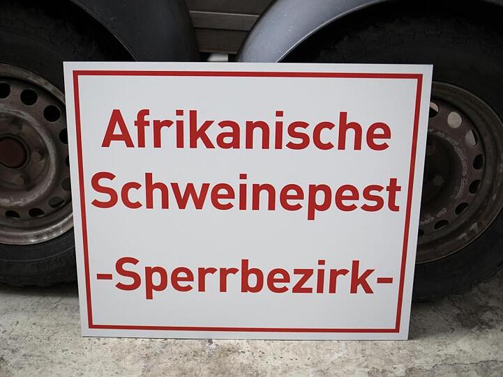 Ein Schild mit der Aufschrift "Afrikanische Schweinepest - Sperrbezirk-". Foto: Frank Rumpenhorst/dpa/