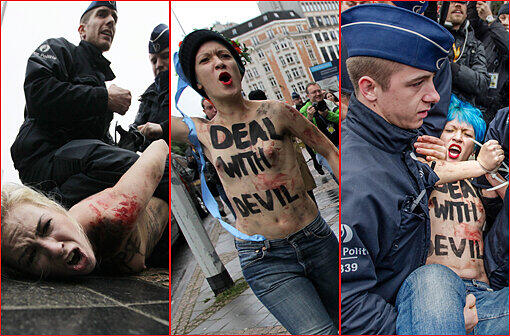 Gegen den  EU-Russland-Gipfel in Brüssel regt sich Widerstand. Vor dem Eintreffen von Putin demonstriert die Organisation FEMEN mit blanken Brüsten. Bilder von der Demonstration vor dem EU Hauptquartier in Brüssel.