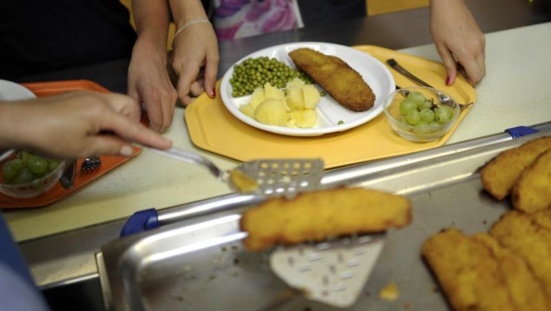 Eine Küchenhelferin legt an einer Gesamtschule ein Stück Fisch auf den Teller eines Schülers. Eine Küchenhelferin legt an einer Gesamtschule ein Stück Fisch auf den Teller eines Schülers.