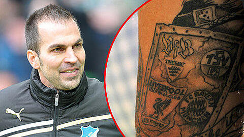 Markus Babbel: Ein Hoffenheim-Logo fehlt noch: Babbels Arm (l.) mit den Wappen seiner bisherigen Vereine.