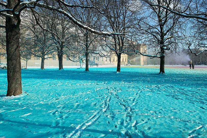 Farbige Winterlandschaft vor der Alten Pinakothek: Seit Montagmittag versprühen die Schneekanonen eingefärbten Schnee.
