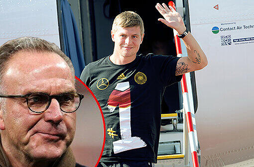 FC Bayern Vorstandsmitglied Karl-Heinz Rummenigge begrüßte die Nationalspieler am Münchner Flughafen und äußerte sich zum möglichen Wechsel von Toni Kroos.