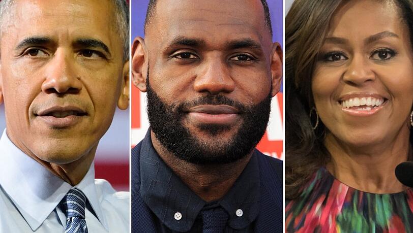 Barack und Michelle Obama sollen gemeinsam mit NBA-Star LeBron James (mi.) ein Serienprojekt planen.