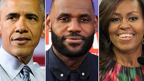 Barack und Michelle Obama sollen gemeinsam mit NBA-Star LeBron James (mi.) ein Serienprojekt planen.