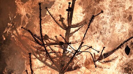Ein Weihnachtsbaum brennt lichterloh w&auml;hrend einer Vorf&uuml;hrung unter realistischen Bedingungen in einem nachgebauten Zimmer auf dem &Uuml;bungsgel&auml;nde einer Feuerwehrakademie. (Symbolbild)