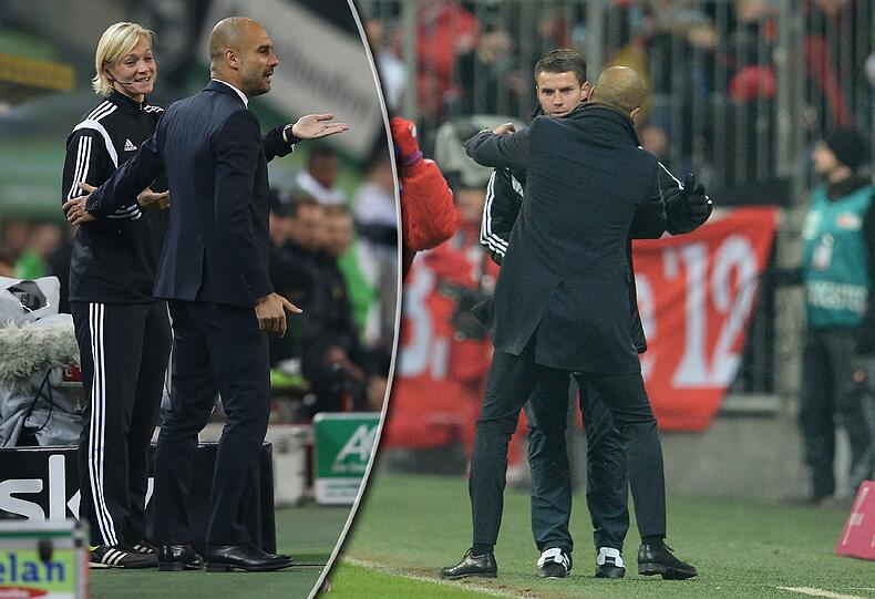 Ein Tätschler vom Trainer: Guardiola (l.) mit Bibiana Steinhaus. Rechts: Umarmungs-Attacke: Guardiola herzt Robert Kempter.