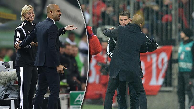 Ein Tätschler vom Trainer: Guardiola (l.) mit Bibiana Steinhaus. Rechts: Umarmungs-Attacke: Guardiola herzt Robert Kempter.