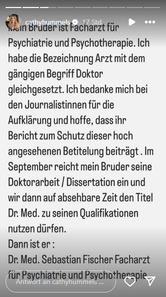 In einer Instagram-Story klärte Cathy Hummels die Verwirrung um den falschen Doktortitel ihres Bruders auf.