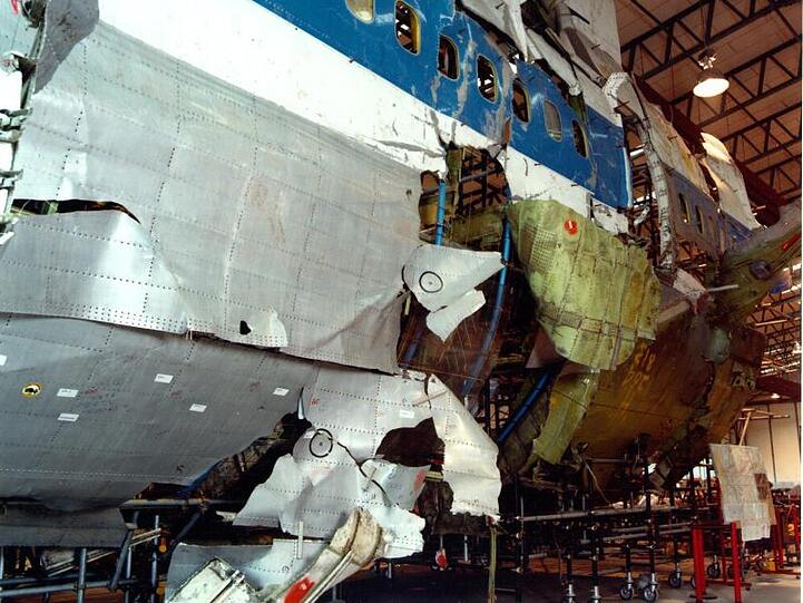 Die aus den Trümmerstücken rekonstruierte Boeing 747, die 1988 über der schottischen Kleinstadt Lockerbie abgestürzt war.