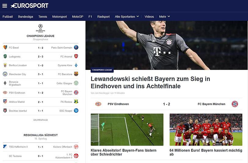 "Lewandowski schießt Bayern zum Sieg und ins Achtelfinale" und "Klares Abseitstor! Bayern-Fans lästern über Schiedsrichter" - Eurosport