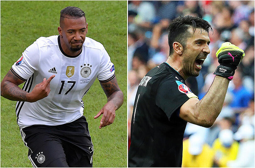 Ewiger Klassiker in Bordeaux am Samstag: DFB-Kicker Jérôme Boateng (l.) gegen Italiens Torhüter Gianluigi Buffon.