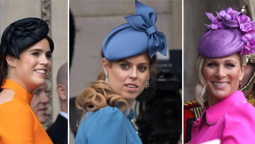 Prinzessin Eugenie, Prinzessin Beatrice und Zara Tindall (v.l.) in farbenfrohen Outfits beim Jubiläumsgottesdienst.