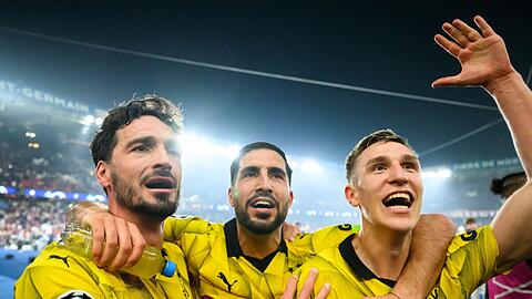 Treffen im Champions-League-Finale nun auf Real Madrid: Dortmunds Mats Hummels (l-r), Emre Can und Nico Schlotterbeck.