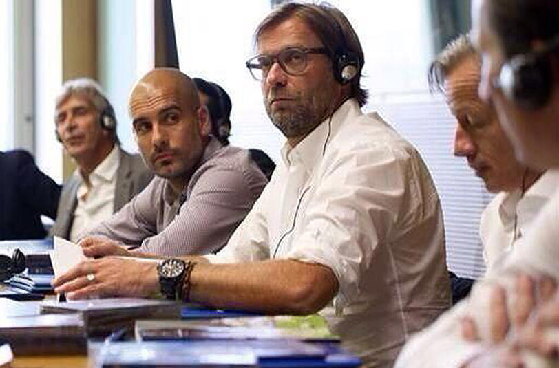 Pep Guardiola (l.) und Jürgen Klopp (M.) gehörten zu den geladenen Trainer bei der Trainer-Tagung der Uefa