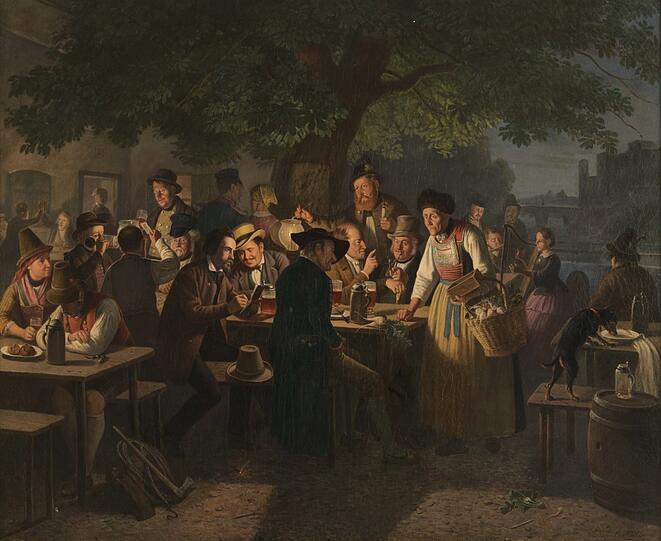 Der "Grüne Baum" in der Nähe der heutigen Ludwigsbrücke war im 19. Jahrhundert eine der beliebtesten Gartenwirtschaften Münchens. Sogar König Ludwig I. soll hier eingekehrt sein. Moritz Carl Friedrich Müllers Gemälde zeigt die Vielfalt der Gäste: Versorgt vom "Radiweiberl" und unterhalten von einer Harfenspielerin saßen Flößer und Soldaten, Künstler und Bürger zusammen beim Bier.