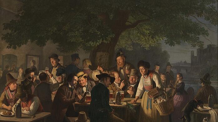 Der "Grüne Baum" in der Nähe der heutigen Ludwigsbrücke war im 19. Jahrhundert eine der beliebtesten Gartenwirtschaften Münchens. Sogar König Ludwig I. soll hier eingekehrt sein. Moritz Carl Friedrich Müllers Gemälde zeigt die Vielfalt der Gäste: Versorgt vom "Radiweiberl" und unterhalten von einer Harfenspielerin saßen Flößer und Soldaten, Künstler und Bürger zusammen beim Bier.
