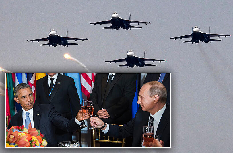 Cheers! US-Präsident Barack Obama stößt am Mittwoch in New York mit dem russischen Präsidenten Wladimir Putin an. Derzeit sollen russische Kampfjets IS-Stellungen in Syrien bombardieren. Die USA zweifeln daran.