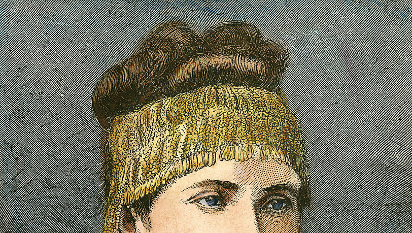 Schliemanns griechische Frau Sophia mit Schmuck aus dem "Schatz des Priamos" in einem Stiuch von 1877. Schliemanns griechische Frau Sophia mit Schmuck aus dem "Schatz des Priamos" in einem Stiuch von 1877.