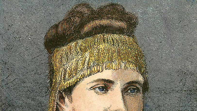 Schliemanns griechische Frau Sophia mit  Schmuck aus dem "Schatz des Priamos" in einem Stiuch von 1877.
