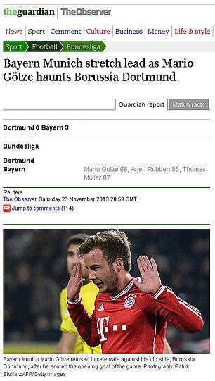 "The Guardian": "Bayern baut die Führungaus, während Götze Dortmund heimsucht"