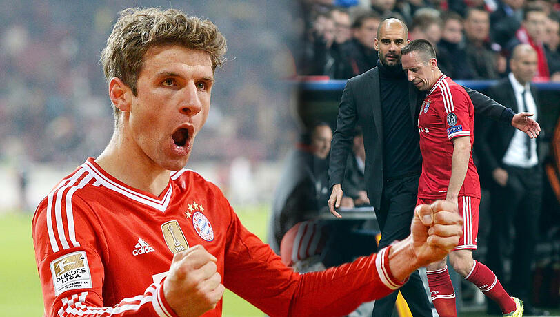 Hop oder Top: Thomas Müller (l) und Franck Ribéry mit Trainer Pep Guardiola. Hop oder Top: Thomas Müller (l) und Franck Ribéry mit Trainer Pep Guardiola.