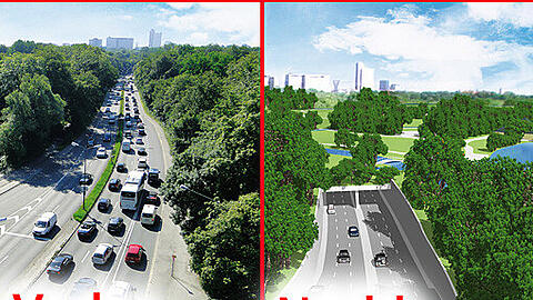Links: So sieht&rsquo;s heute aus - der Isarring durchschneidet den Englischen Garten. Rechts: So soll&rsquo;s ausssehen &ndash; die Autos verschwinden unter der Erde.