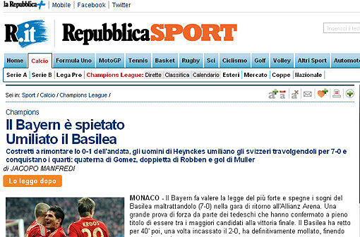 Die italienische Tageszeitung La Repubblica: "Die Bayern sind gnadenlos - Basel gedemütigt"
