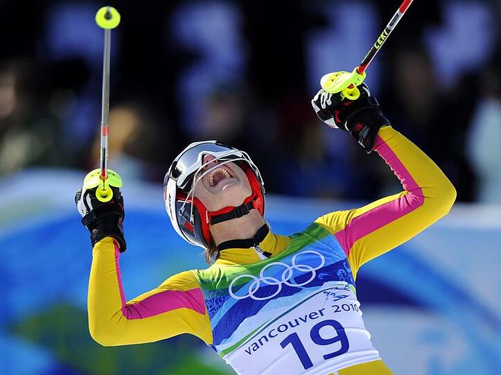 Maria Riesch schreit die Freude über ihren gelungenen Slalomlauf hinaus.