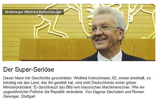 "Dieser Mann hat Geschichte geschrieben", jubelt die Online-Ausgabe der Süddeutschen Zeitung. Sie hält Winfried Kretschmann für den Gegenentwurf zum "klassischen Machtmenschen" und vor allem zum bisherigen Ministerpräsidenten Stefan Mappus: "Kretschmann und Schmid sind beide stille, nüchterne Vertreter ihres Fachs, Kopfmenschen. Der Kontrast zum Bauchmenschen Mappus hat gewiss beigetragen zu diesem Erfolg."