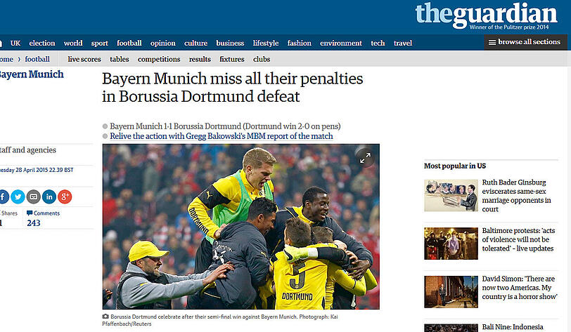 The Guardian (Großbritannien): "Bayern verschießt alle Elfmetern bei Niederlage gegen Dortmund"