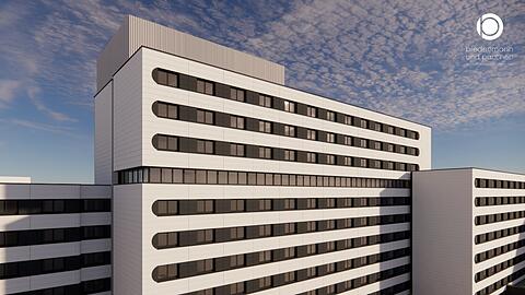 Die Visualisierung zeigt, wie Architekt Michael Biedermann die 9000 Quadratmeter der Fassade des Holiday Inn in der Hochstraße 3 gestalten möchte. Damit will er zu den Ursprüngen des damalige Pentahotels zurück (siehe Skizze). Die Stadtgestaltungskommission hatte allerdings einige Anmerkungen.