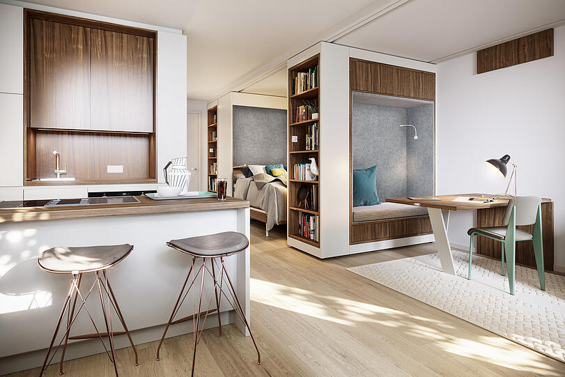 Rechts im Bild: die verschiebbaren Lounge- und Bett-Module.