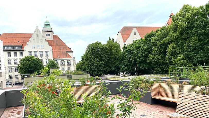 Endlich fertig und geöffnet: So schaut's aus auf einer der zwei neuen Dachterrassen am Schwabinger Elisabethmarkt. Im Hintergrund ist das benachbarte Giselagymnasium zu sehen.