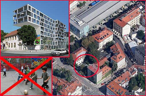 Die Kinder auf dem Bolzplatz sind durchgestrichen, oben prangt das geplante Luxus-Projekt. Das Angebot auf immobilienscout24.de sorgt im Glockenbach für Ärger.